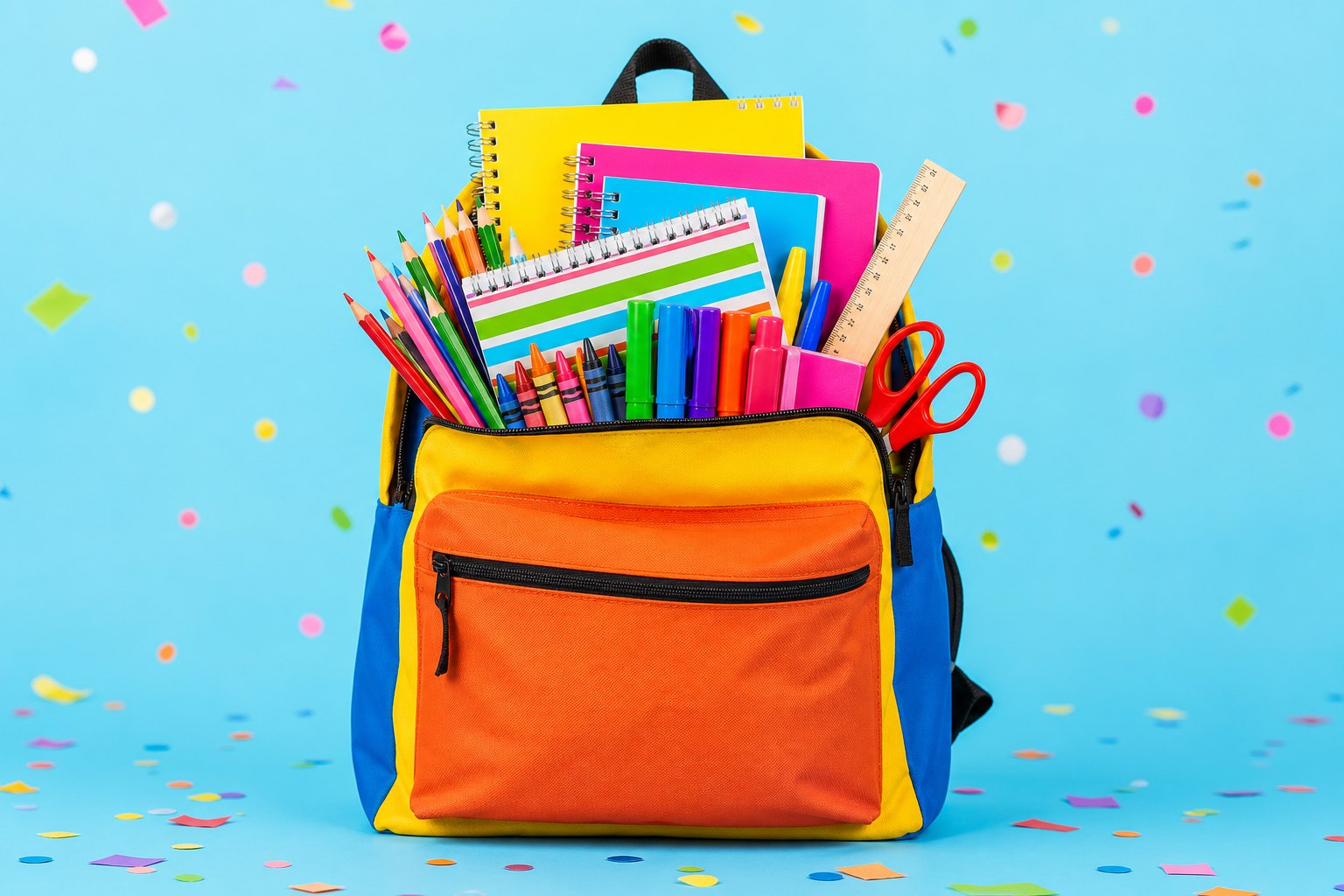 Backpacks and school supplies laid out on a table at the Eats on 601 lot in Mocksville