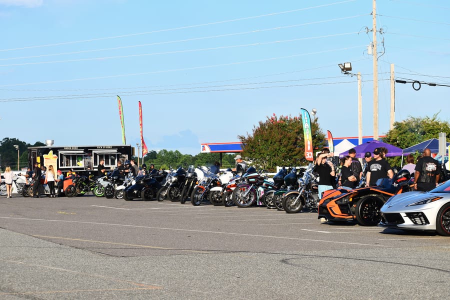 Wide view of the packed lot at Bike Night at Eats on 601 in Mocksville NC