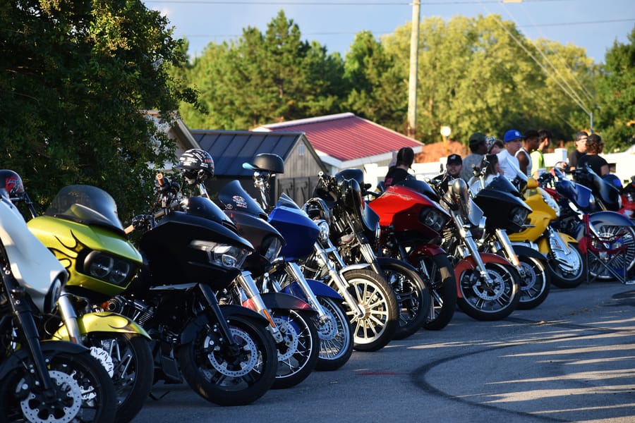 Custom bagger parked in the row at Bike Night at Eats on 601 in Mocksville NC