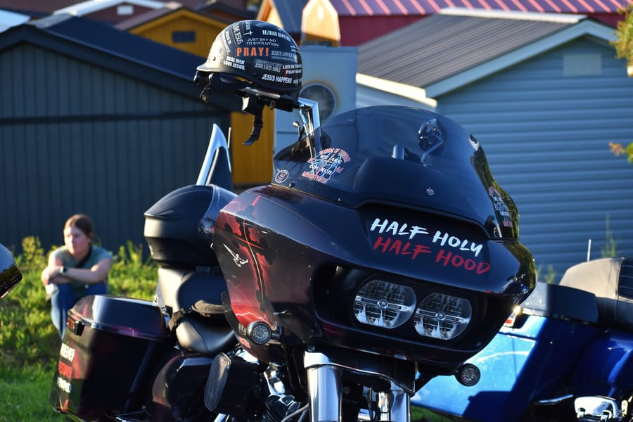 Bikes lined up nose to tail at Bike Night at Eats on 601 in Mocksville NC