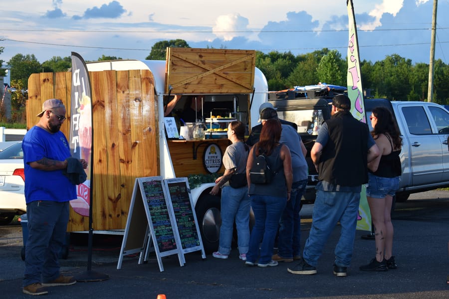 Food truck line at the Eats on 601 Bike Night in Davie County