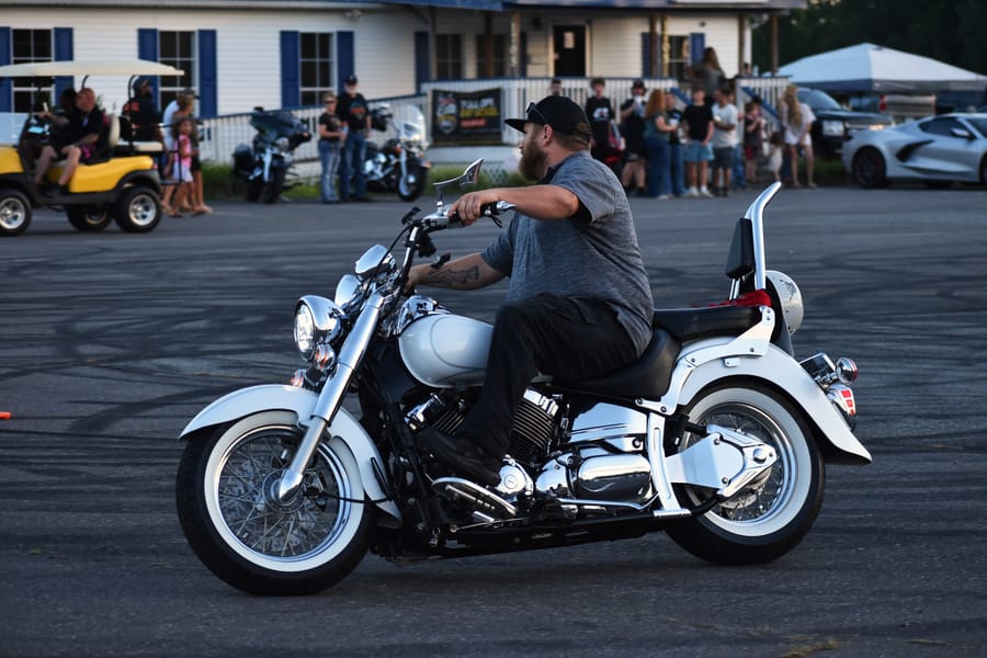 Motorcycle leaned through the cones at Bike Night at Eats on 601 in Mocksville NC