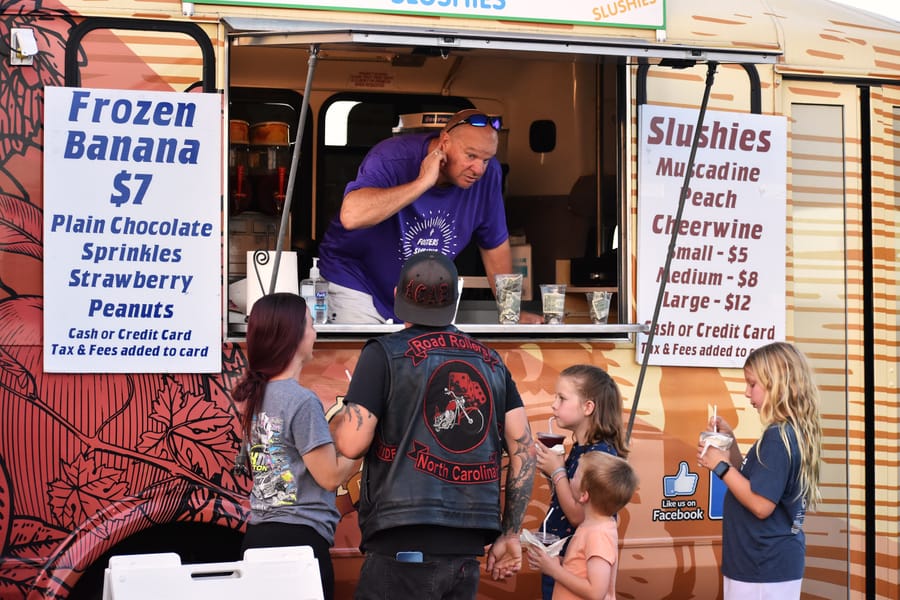 Food truck line at the Eats on 601 Bike Night in Davie County