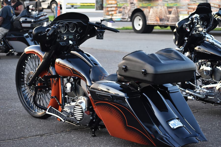 Custom bagger parked in the row at Bike Night at Eats on 601 in Mocksville NC