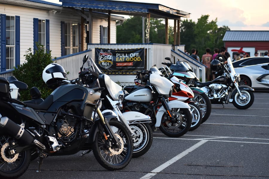 Wide view of the packed lot at Bike Night at Eats on 601 in Mocksville NC