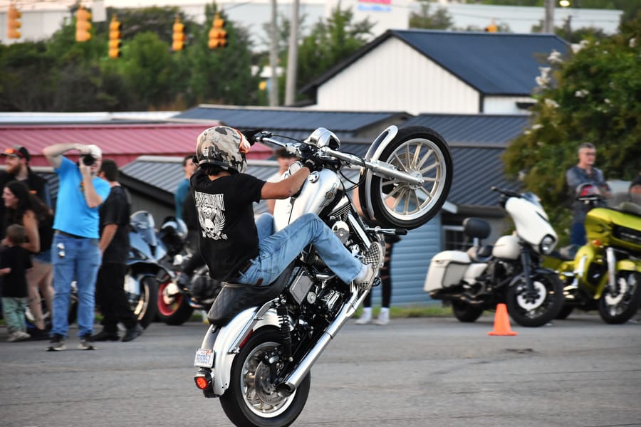 Motorcycle leaned through the cones at Bike Night at Eats on 601 in Mocksville NC