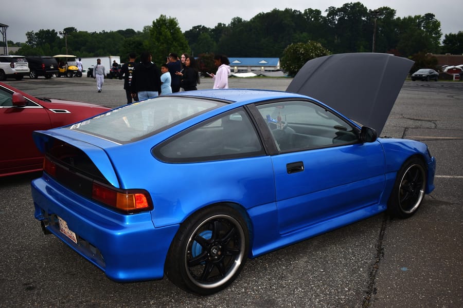 Blue Honda CRX build under the lights at the Eats on 601 Honda meet in Davie County