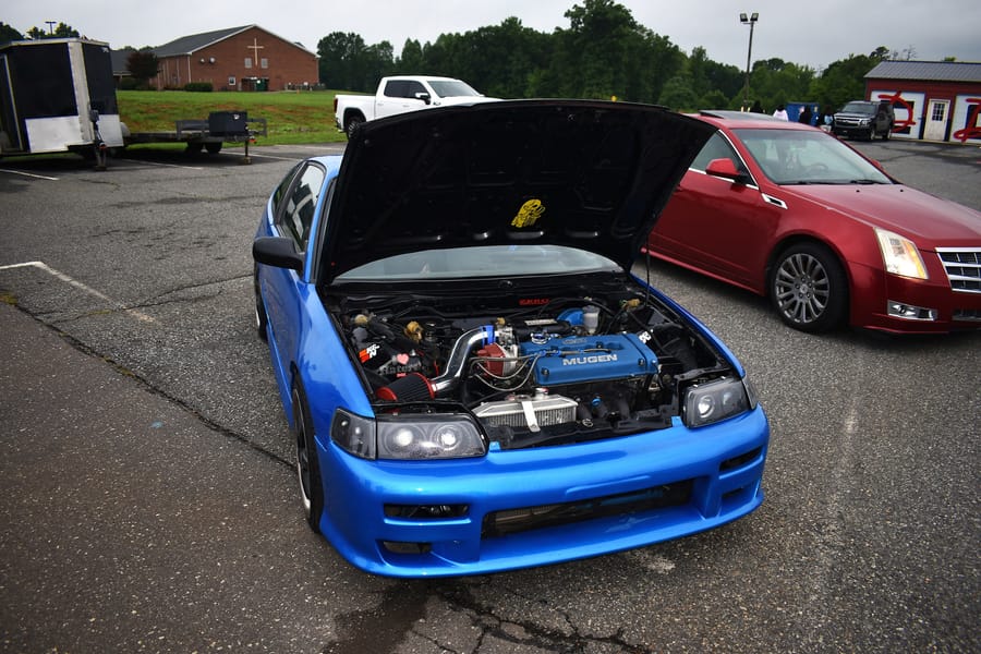 Blue Honda CRX build under the lights at the Eats on 601 Honda meet in Davie County
