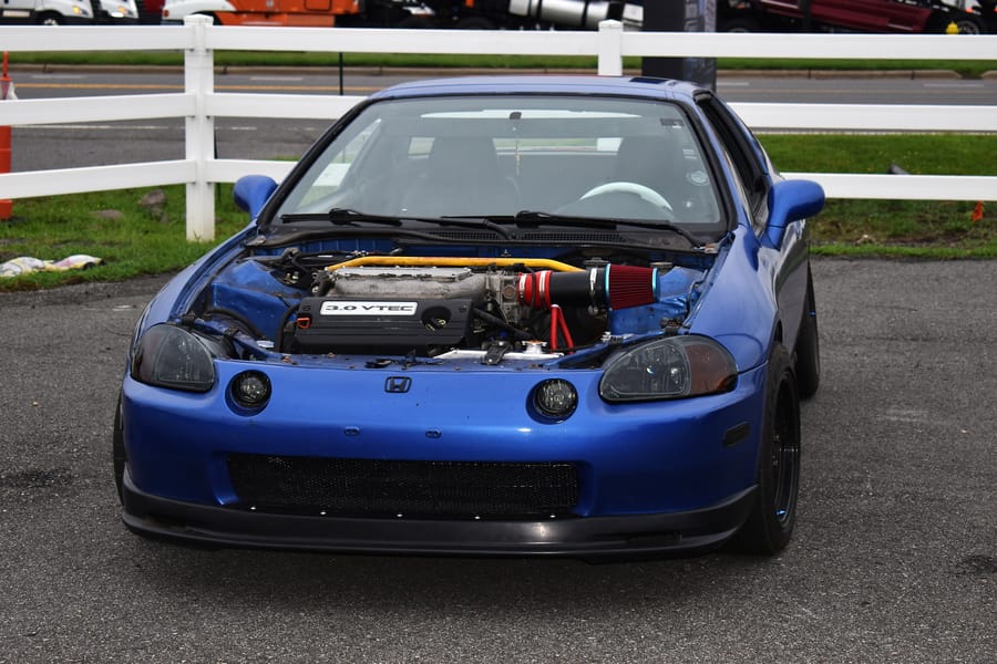 Blue Honda CRX build under the lights at the Eats on 601 Honda meet in Davie County