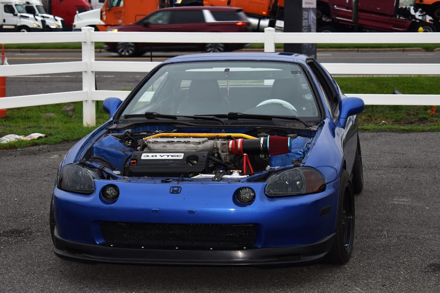 Blue Honda CRX build under the lights at the Eats on 601 Honda meet in Davie County