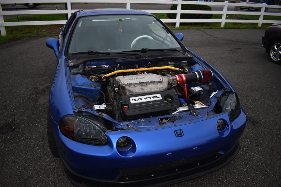 Blue Honda CRX build under the lights at the Eats on 601 Honda meet in Davie County