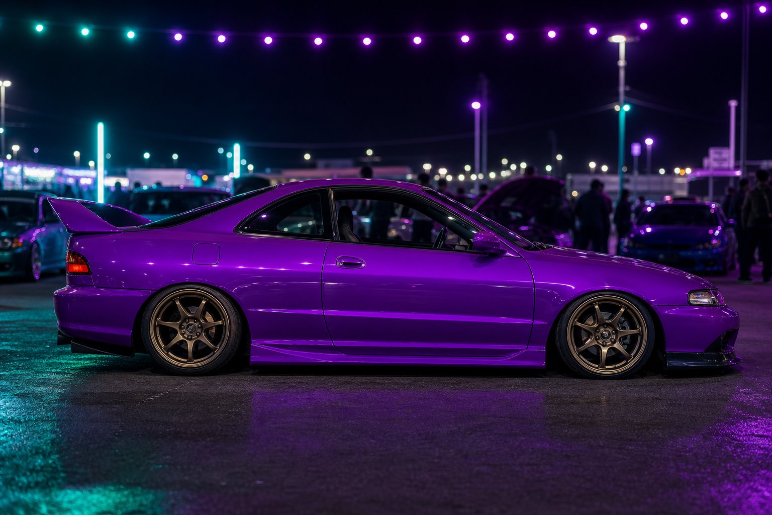 Purple Honda coupe parked under string lights at a night car meet on the Eats on 601 lot in Mocksville