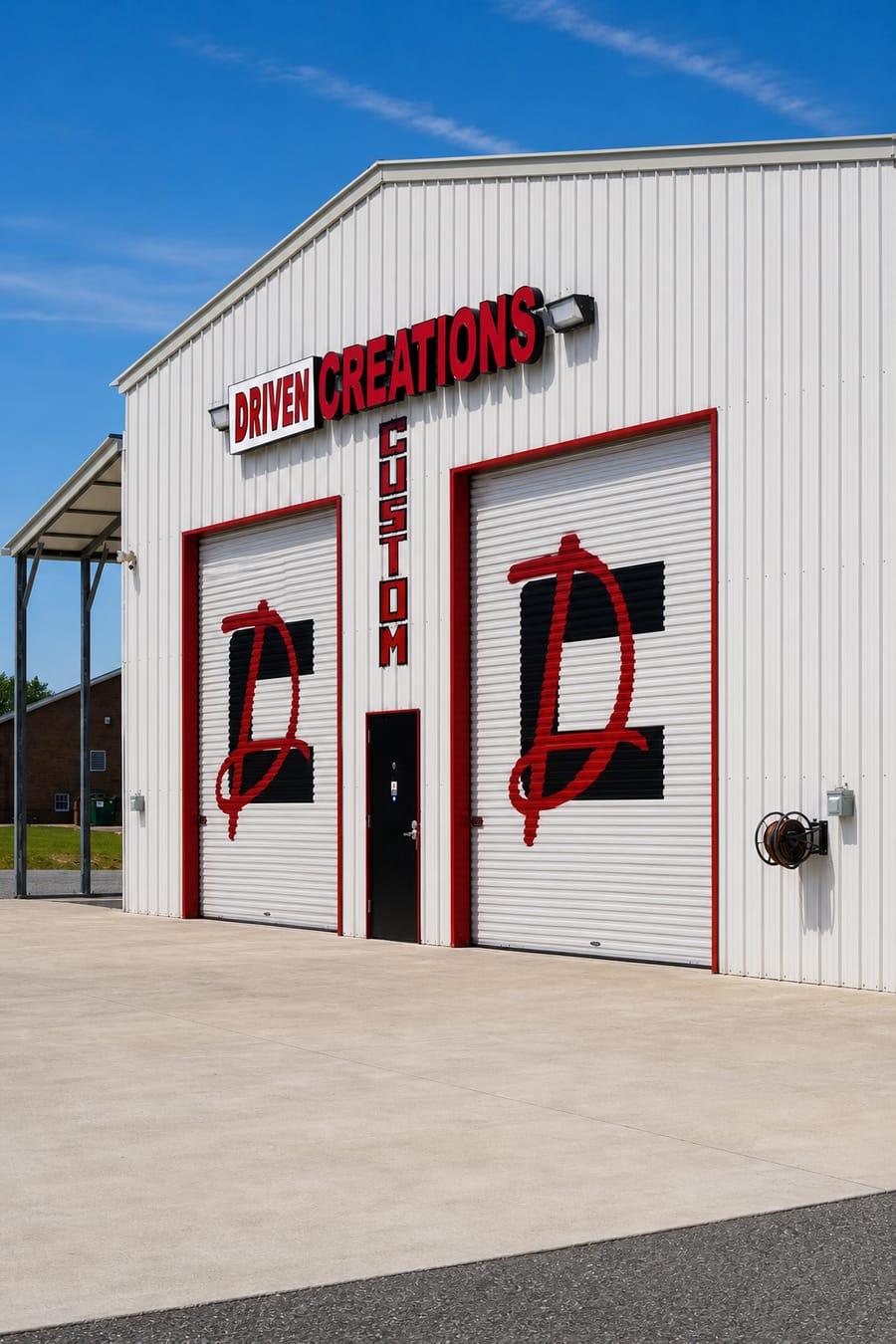 Driven Creations shop front in Mocksville, the host garage for the Jeep Jam, with the painted bay doors.