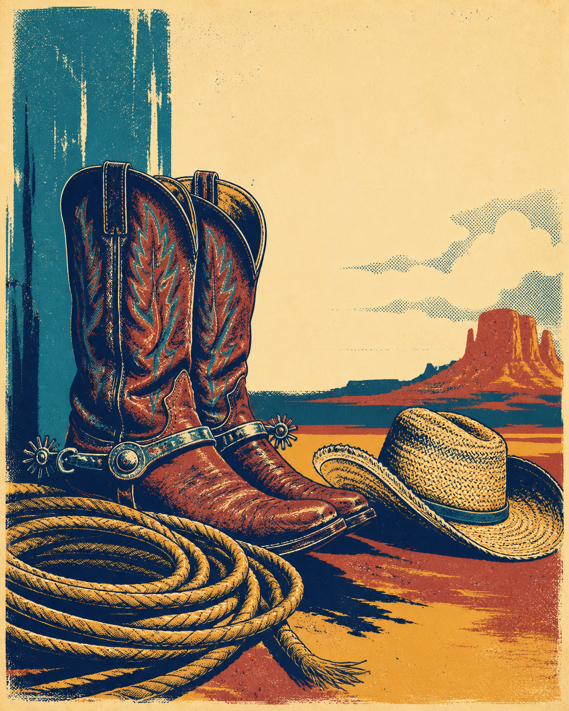 Screen-print poster illustration of cowboy boots with spurs, a coiled lasso, and a straw hat