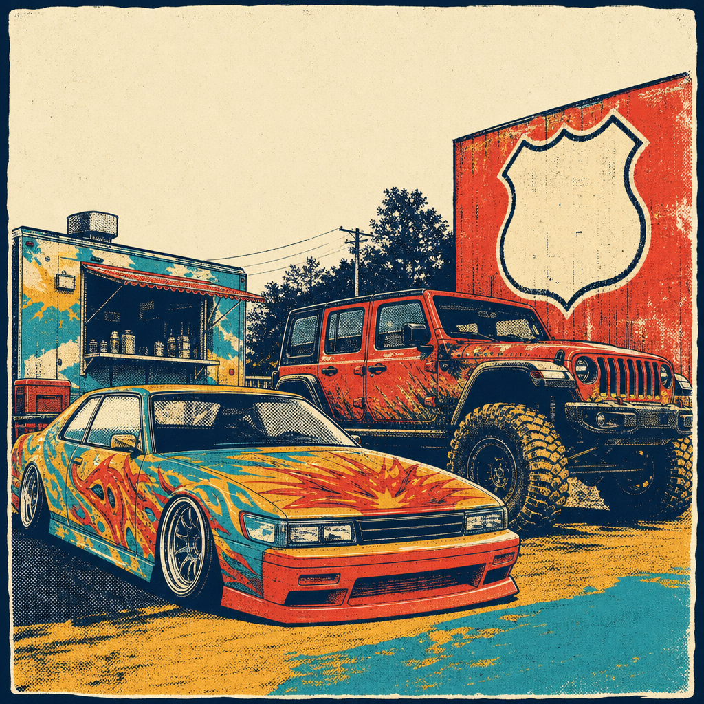Screen-print poster illustration of a custom car and lifted Jeep parked at the Eats on 601 lot