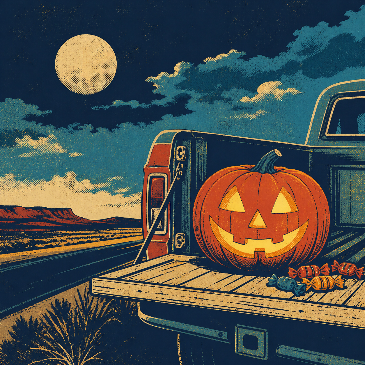 Screen-print poster illustration of a glowing jack-o-lantern on a pickup tailgate under a full moon